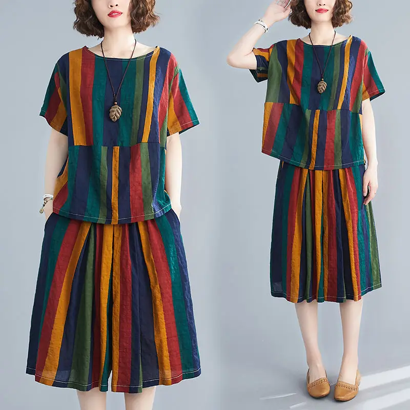 Women 2021 Summer New Fashion Two-piece Suits Female O-neck Pullover Striped Tops Ladies Loose Casual Wide Leg Pants Sets K120
Women 2021 Summer New Fashion Two-piece Suits Female O-neck Pullover Striped Tops Ladies Loose Casual Wide Leg Pants Sets K120