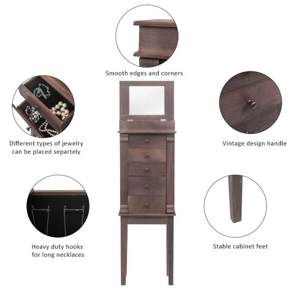 Jewelry Armoire with Mirror, 5 Drawers & 8 Necklace Hooks, Jewelry Cabinet Chest withOrganizer 180821117
Jewelry Armoire with Mirror, 5 Drawers & 8 Necklace Hooks, Jewelry Cabinet Chest withOrganizer 180821117