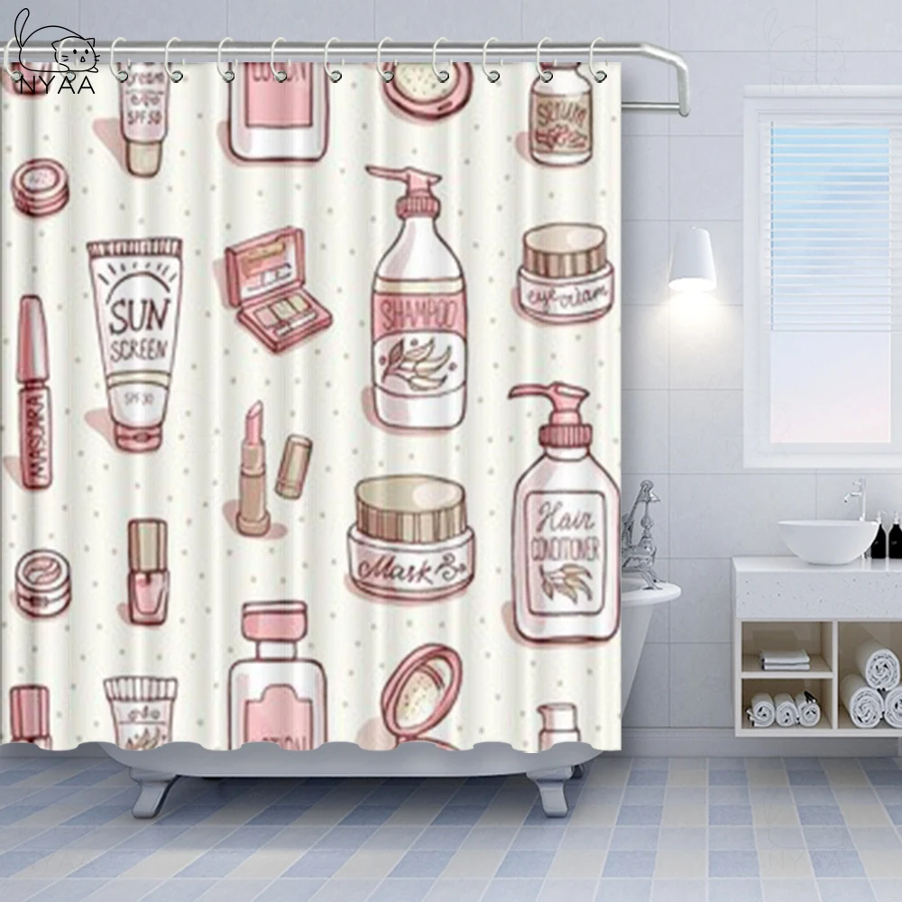 NYAA Girly Decor Shower Curtain Set Cosmetic And Make Up Theme Pattern With Perfume And Lipstick Nail Polish Brush Modern City
NYAA Girly Decor Shower Curtain Set Cosmetic And Make Up Theme Pattern With Perfume And Lipstick Nail Polish Brush Modern City