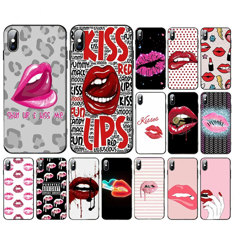 

Sexy Girl KISS RED LIPS TPU Soft Black Phone Case Cover for iPhone 8 7 6 6S Plus 5 5S SE 2020 XR X XS MAX Coque Shell Back Funda