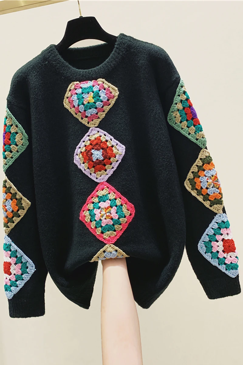 SuperAen 2021 New National Hand Crocheted O Neck Loose Full Autumn Winter Color Diamond Sweater Women
SuperAen 2021 New National Hand Crocheted O Neck Loose Full Autumn Winter Color Diamond Sweater Women