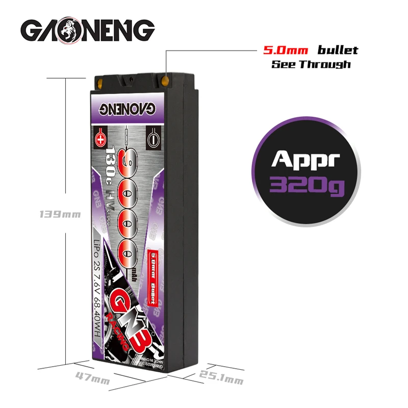 GAONENG GNB 7,6 V 9000mAh 130C для радиоуправляемых автомобилей, запасные части с обновленным корпусом, LiHV 2S, перезаряжаемая батарея
GAONENG GNB 7,6 V 9000mAh 130C для радиоуправляемых автомобилей, запасные части с обновленным корпусом, LiHV 2S, перезаряжаемая батарея