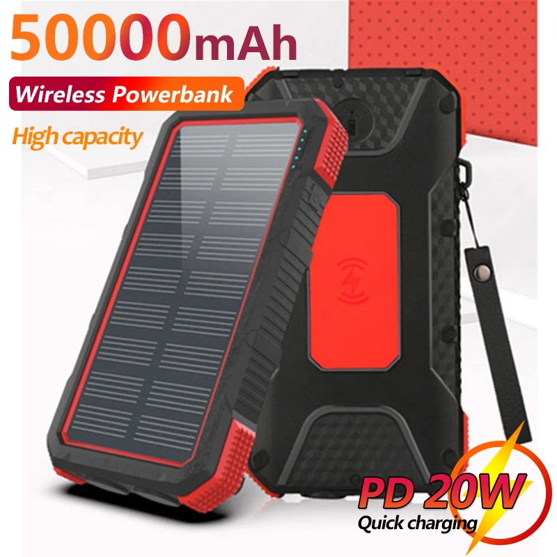 

50000mAh Wireless Solar Power Bank Emergency Waterproof SOS LED External Battery Portable One-way Wireless Fast Charging