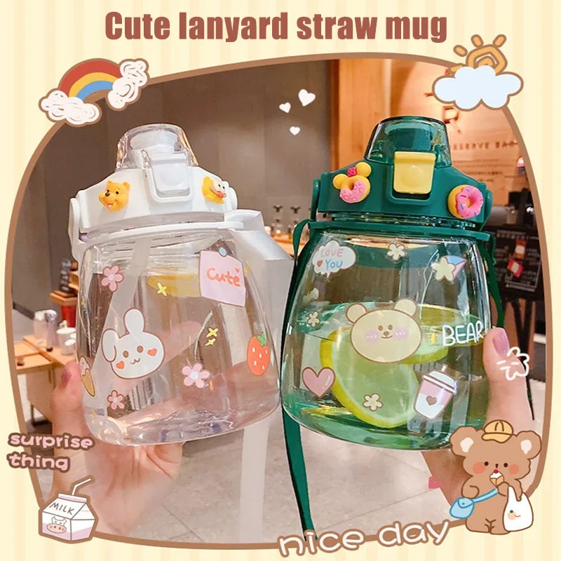 Cute Girls Water Bottle with Stickers Straw Big Belly Cup 1200ml Sports Bottle for Water Jug Children Female Kettle with Strap
Cute Girls Water Bottle with Stickers Straw Big Belly Cup 1200ml Sports Bottle for Water Jug Children Female Kettle with Strap