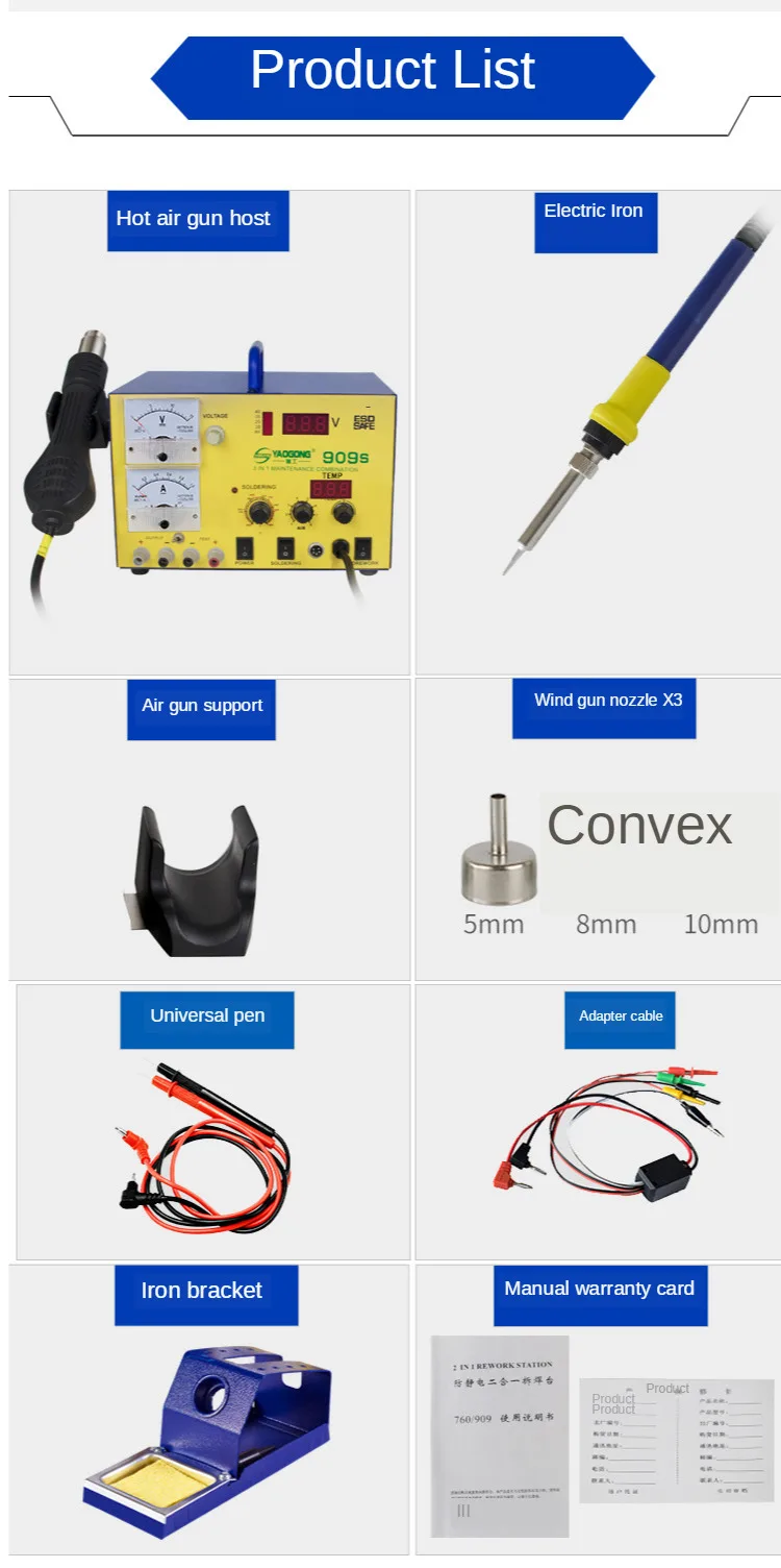 YAOGONG 909 15V electric iron 3 in 1 digital display adjustable constant temperature hot air gun disassembling welding platform
YAOGONG 909 15V electric iron 3 in 1 digital display adjustable constant temperature hot air gun disassembling welding platform