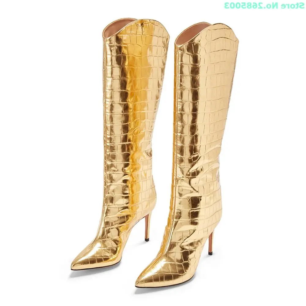 Golden Stone Pattern Pointed Stiletto Heels Boots Slip On Pointed Toe Knee High Newest Party Dress Winter Autume Boots Shoes
Golden Stone Pattern Pointed Stiletto Heels Boots Slip On Pointed Toe Knee High Newest Party Dress Winter Autume Boots Shoes