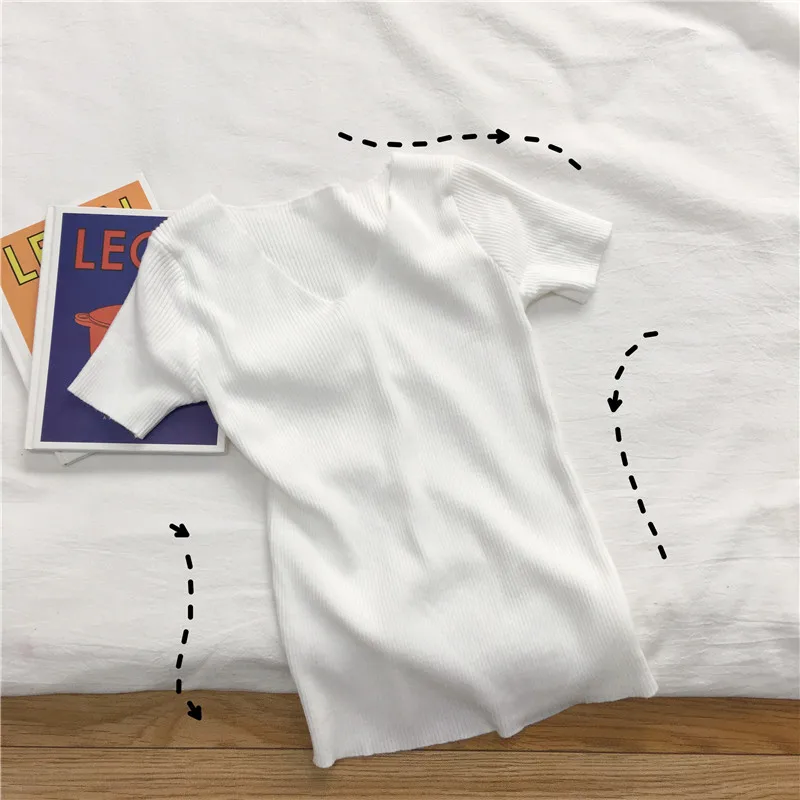Lucyever Sexy V Neck Women Knitted T Shirt Fashion Summer Short Sleeve Soft Ladies Top Elastic Slim Solid Casual Female Tee 2021
Lucyever Sexy V Neck Women Knitted T Shirt Fashion Summer Short Sleeve Soft Ladies Top Elastic Slim Solid Casual Female Tee 2021