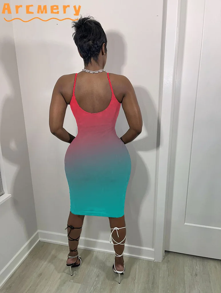 Women Casual Sleeveless Spaghetti Strap Gradient Color Bodycon Midi Dress