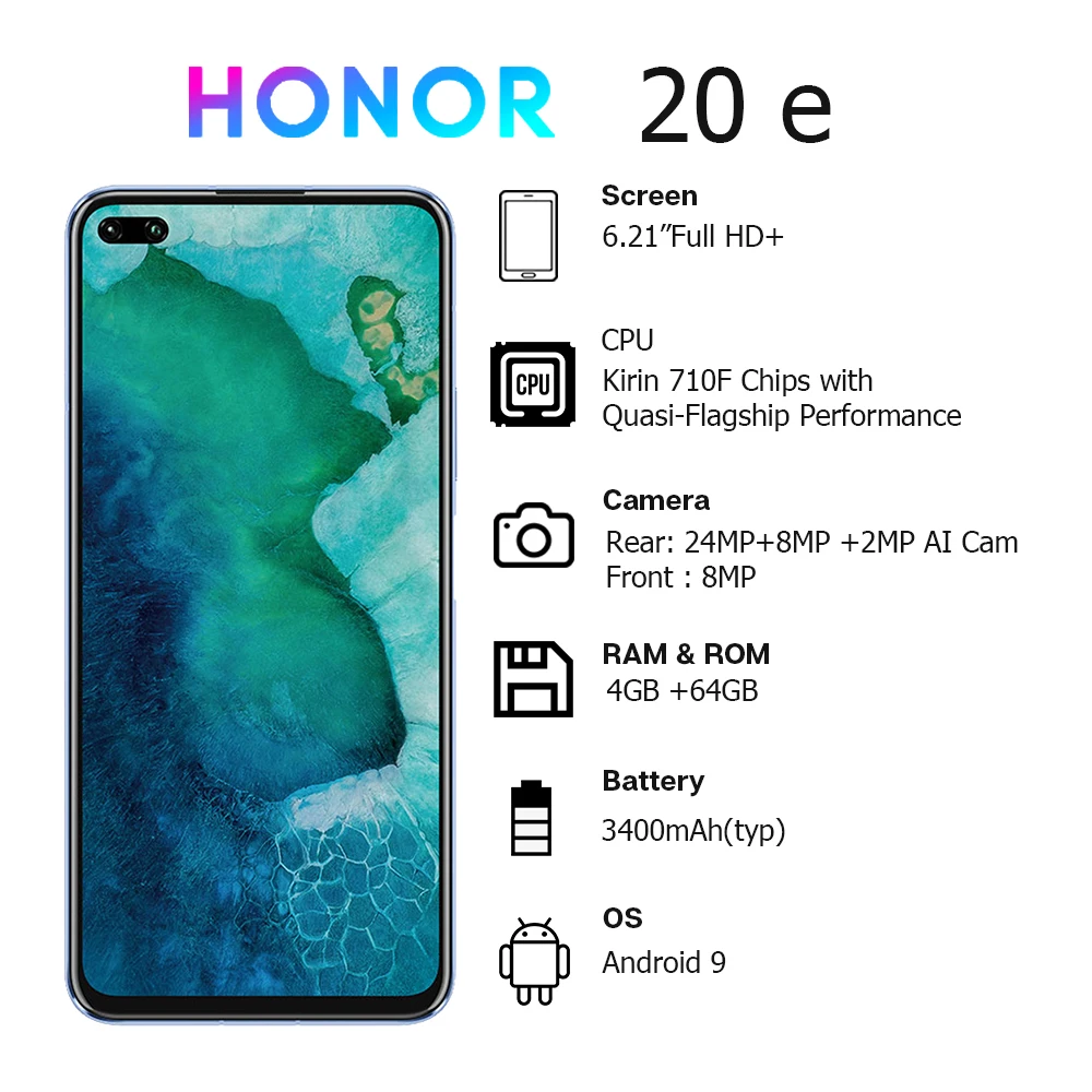 Глобальная версия Honor 20e 4G + 64G мобильный телефон 6 21 ''Google Play NFC тройные камеры