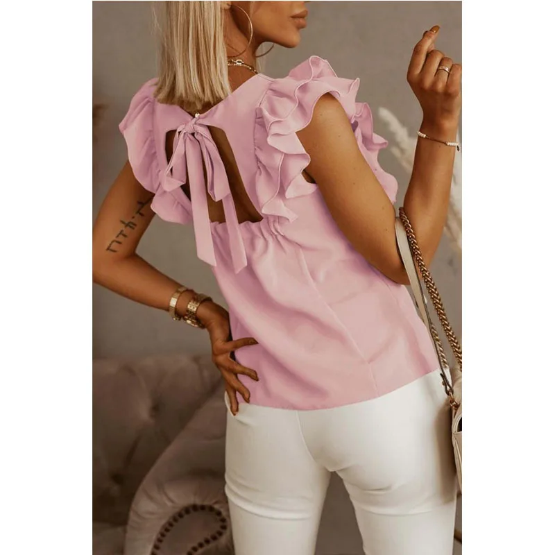 Summer Hot-selling Women's Shirts Breathable Sexy Sleeveless Round Neck Ruffled Tops Sexy Backless Bow-knot Solid Color T-shirts
Summer Hot-selling Women's Shirts Breathable Sexy Sleeveless Round Neck Ruffled Tops Sexy Backless Bow-knot Solid Color T-shirts