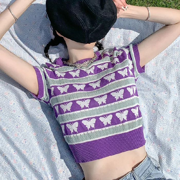 Purple Thin Knitted T-shirt Women's High Waist Short Sleeve Tops Butterfly Girl Sensation Top Sweaters Women Clothing 2020
Purple Thin Knitted T-shirt Women's High Waist Short Sleeve Tops Butterfly Girl Sensation Top Sweaters Women Clothing 2020