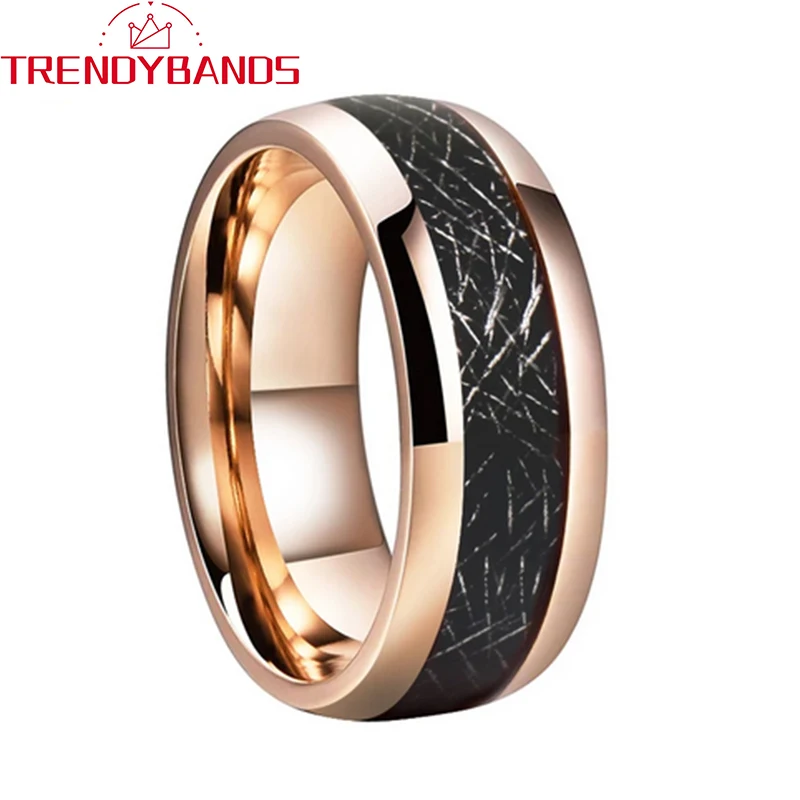 

8mm Rose Gold Tungsten Carbide Ring Wedding Band For Men Women Black Meteorite Inlay Domed High Polished Shiny Comfort Fit