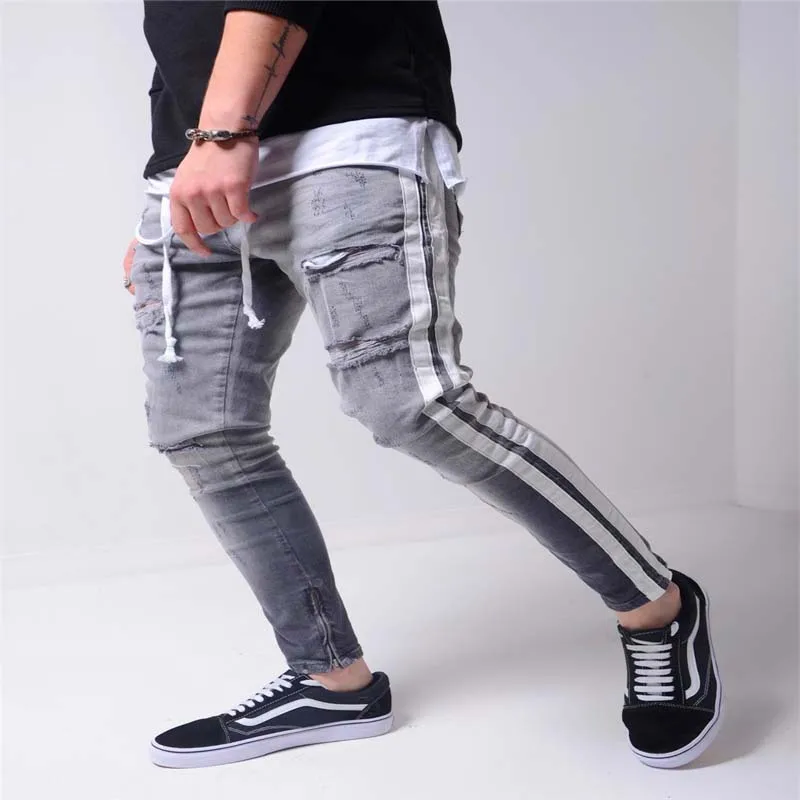 Summer Men's Ripped Jeans Skinny Biker White Side Striped Pencil Pants Foot Mouth Zipper Hip Hop Slim Men Denim Trousers Clothes 
Summer Men's Ripped Jeans Skinny Biker White Side Striped Pencil Pants Foot Mouth Zipper Hip Hop Slim Men Denim Trousers Clothes