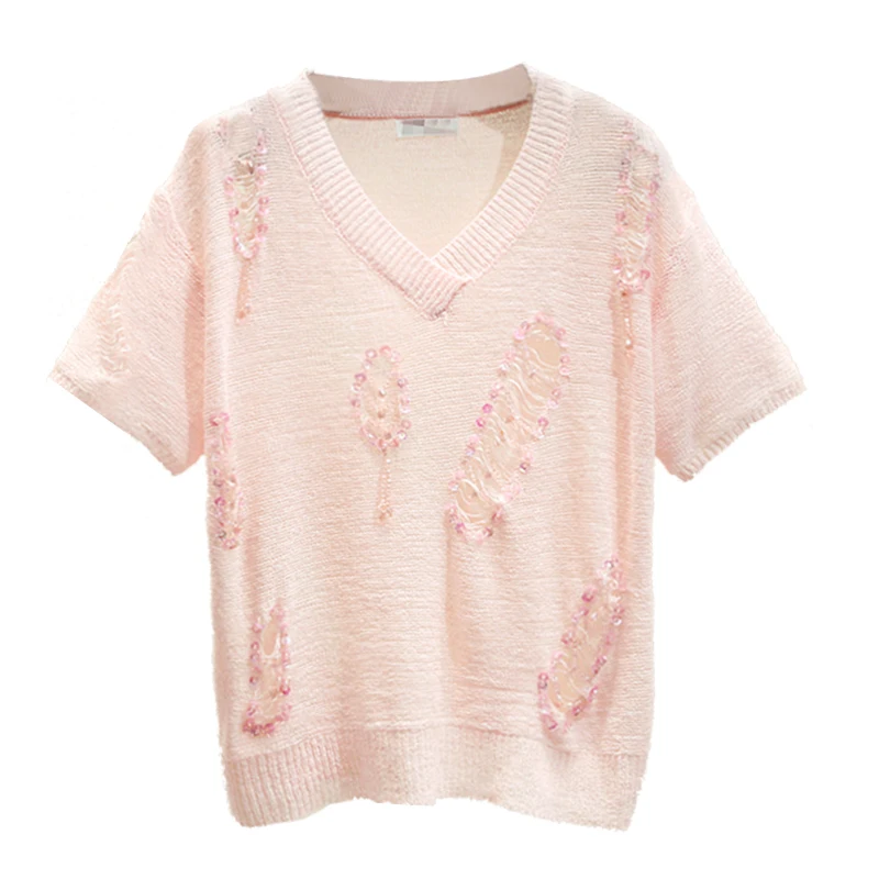 2020 New Summer Large Size Loose Pink T-shirts All-match Solid Color V-neck Hole Sequins Short Sleeve Tshirts Women Knit Tops
2020 New Summer Large Size Loose Pink T-shirts All-match Solid Color V-neck Hole Sequins Short Sleeve Tshirts Women Knit Tops