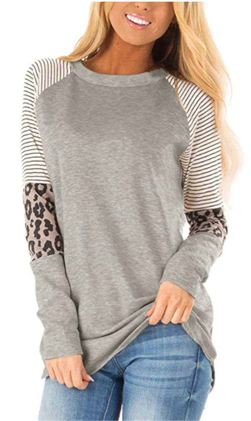 Женский топ с леопардовой строчкой Свободный Топ футболка длинным рукавом