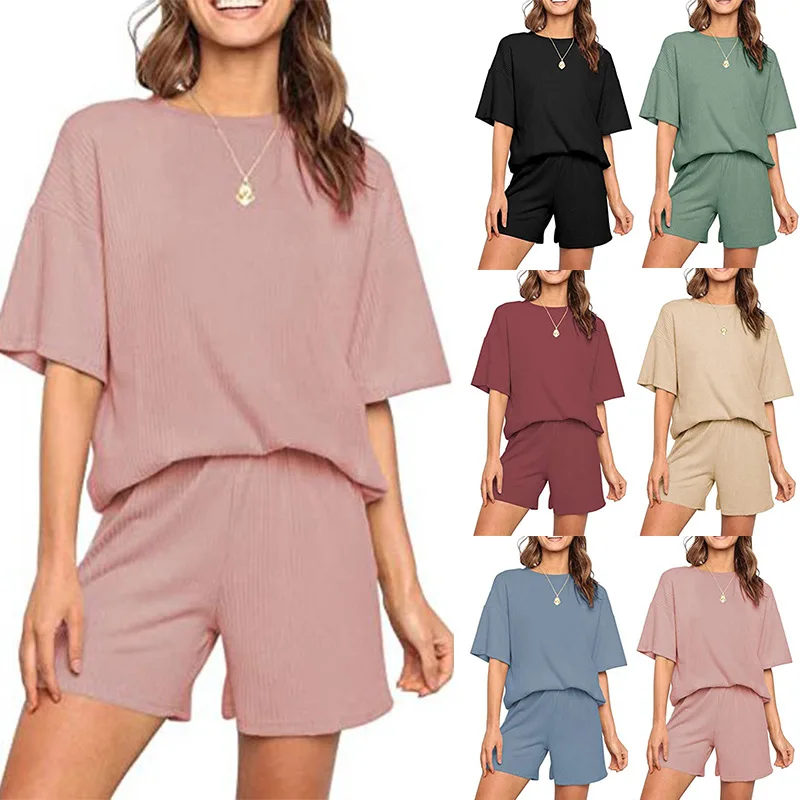 2021 summer new ladies all-match casual fashion ribbed solid color short-sleeved two-piece suit
2021 summer new ladies all-match casual fashion ribbed solid color short-sleeved two-piece suit