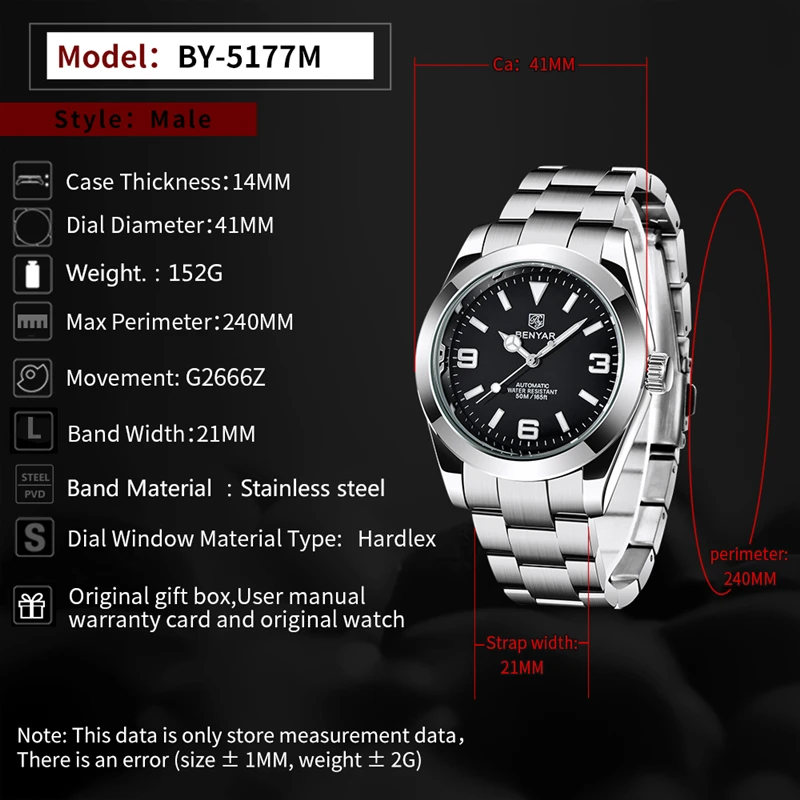 BENYAR 2021 Luxury Business Mechanical Watches 50M Waterproof Stainless Steel Automatic Men's watches Fashion Sport reloj hombre 
BENYAR 2021 Luxury Business Mechanical Watches 50M Waterproof Stainless Steel Automatic Men's watches Fashion Sport reloj hombre