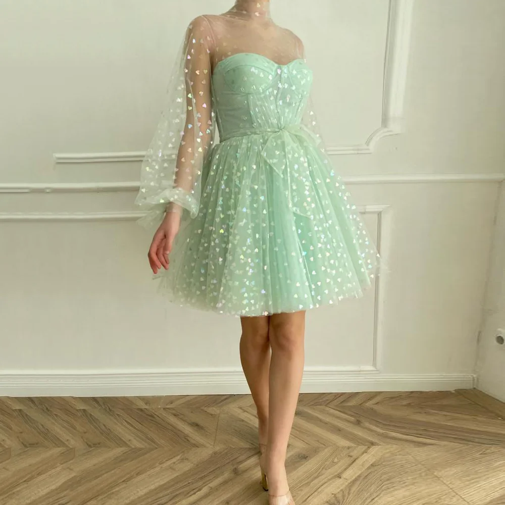 New Mint Green Tulle Short Prom Dresses High Neck A Line Homecoming Party Dress Puff Long Sleeve Girl Evening Gowns
New Mint Green Tulle Short Prom Dresses High Neck A Line Homecoming Party Dress Puff Long Sleeve Girl Evening Gowns