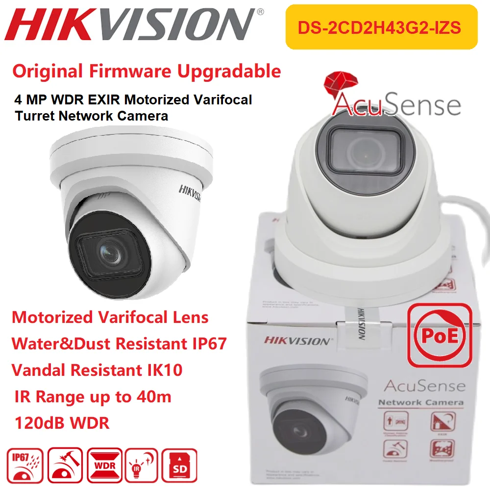 

Hikvision IP Camera 4MP DS-2CD2H43G2-IZS Acusense Motorized Varifocal Turret New Version Network Original PoE High Protection
