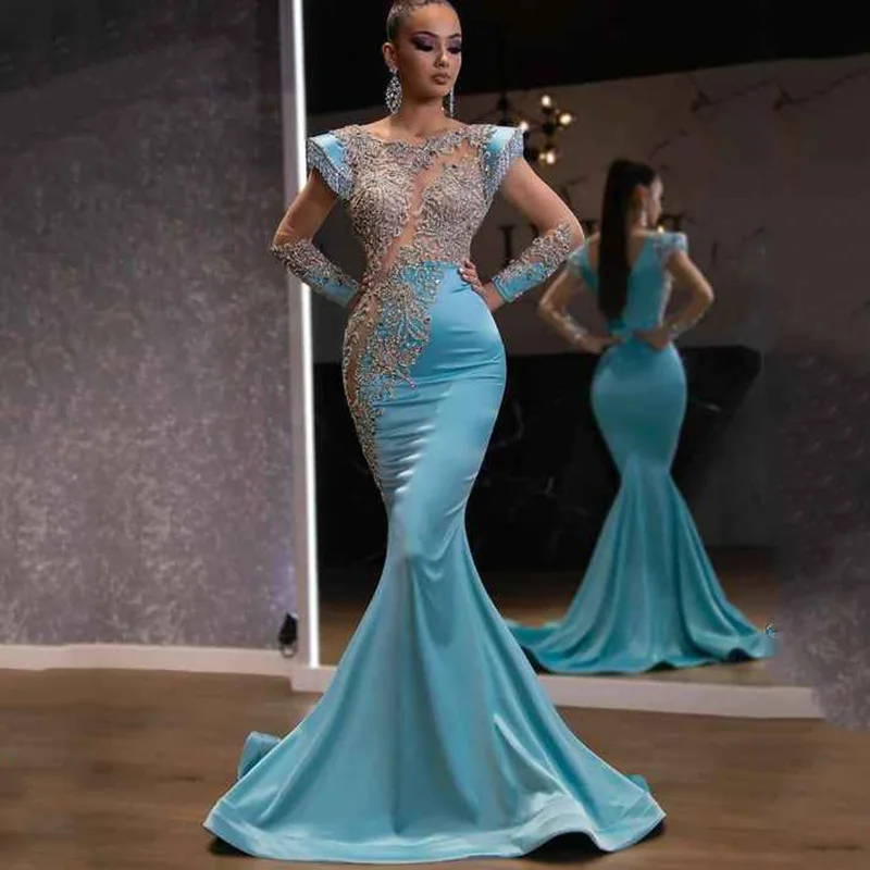 

Блестящее платье CloverBridal с длинным рукавом и кисточками, роскошные платья для выпускного вечера, синее платье-Русалка для особых случаев, же...