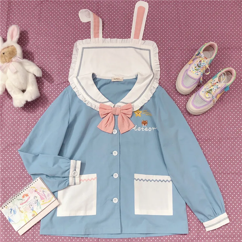 Spring Autumn Japanese New Women Long sleeve Coat Bunny ears Doll collar Bowknot Splicing Contrast Cartoon Print Sweet Kawaii
Spring Autumn Japanese New Women Long sleeve Coat Bunny ears Doll collar Bowknot Splicing Contrast Cartoon Print Sweet Kawaii