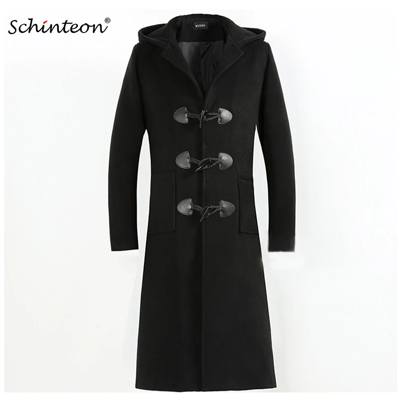 

Schinteon Men Winter Wool Long Jacket Trench Coat Slim Outwear with Hood Horn Button England Style Clothing