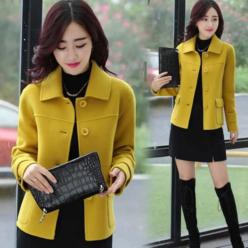 Blended Woolen Coat Fashion Spring Autumn Women's Wool Jacket Short Single-breasted Yellow Female Outwear Tops Mother Dress W25
Blended Woolen Coat Fashion Spring Autumn Women's Wool Jacket Short Single-breasted Yellow Female Outwear Tops Mother Dress W25