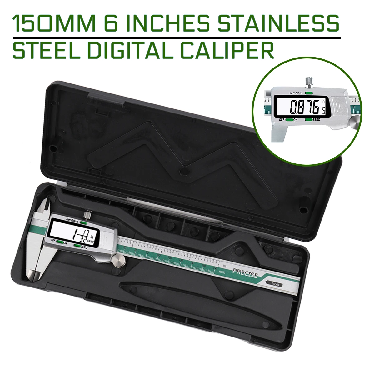 150mm Steel Digital Caliper Stainless 6 Inches Inch/Metric/Fractions Conversion 0.01mm Resolution with Box
150mm Steel Digital Caliper Stainless 6 Inches Inch/Metric/Fractions Conversion 0.01mm Resolution with Box