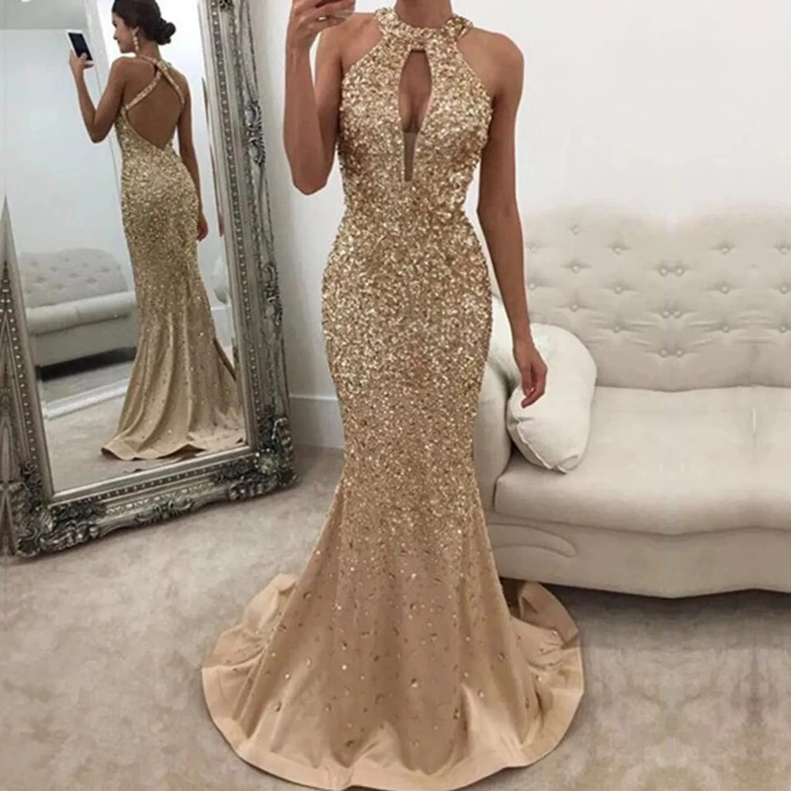 Women Dress Sexy Neck Sequined Backless Round Neck Halter Dew Evening Party Formal Elegant Long Autumn Dress Vestido
Women Dress Sexy Neck Sequined Backless Round Neck Halter Dew Evening Party Formal Elegant Long Autumn Dress Vestido