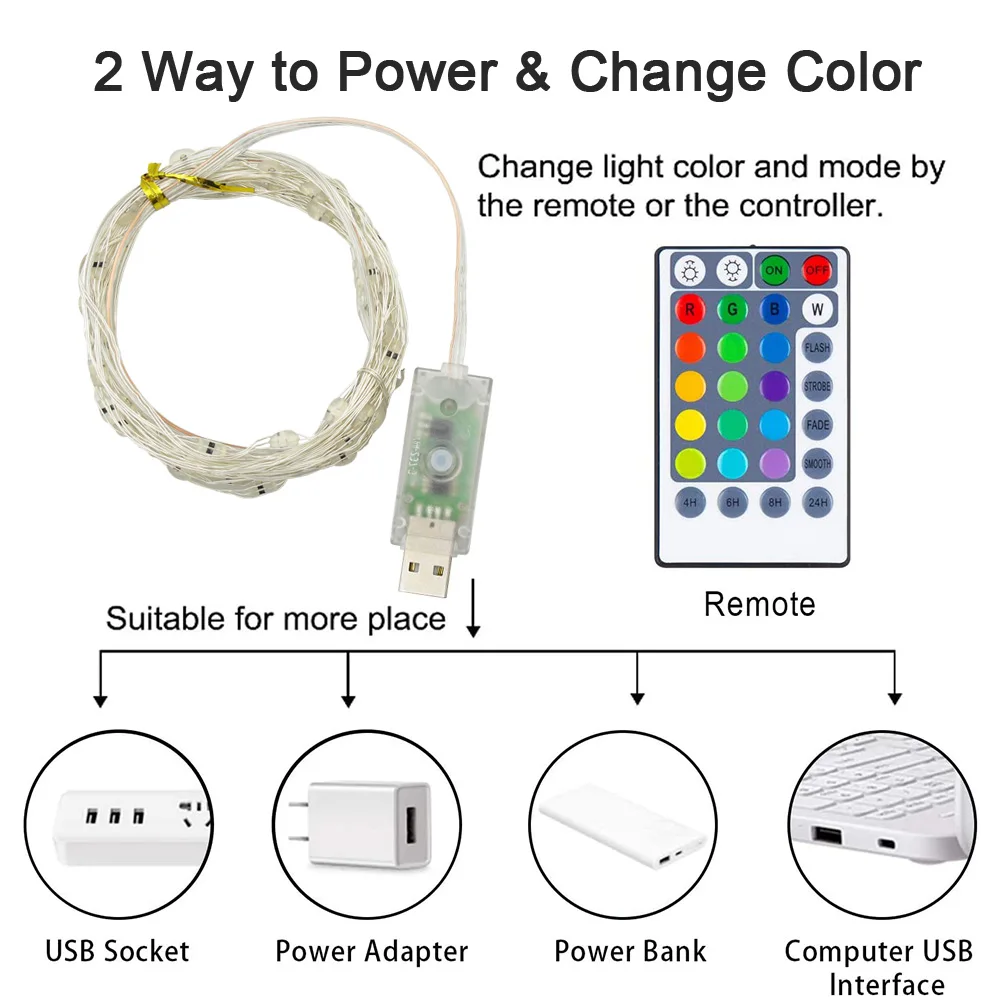 RGB 16 Colors LED String Lights USB Waterproof Fairy Garland With Remote for Christmas Wedding Holiday Party Decoration etc. 
RGB 16 Colors LED String Lights USB Waterproof Fairy Garland With Remote for Christmas Wedding Holiday Party Decoration etc.