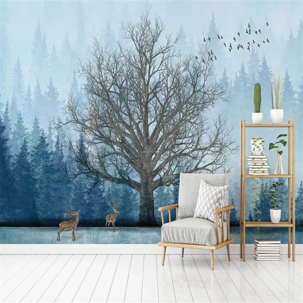 

Milofi custom 3D wallpaper mural abstract hand-painted forest big tree elk living room bedroom background wall decoration painti