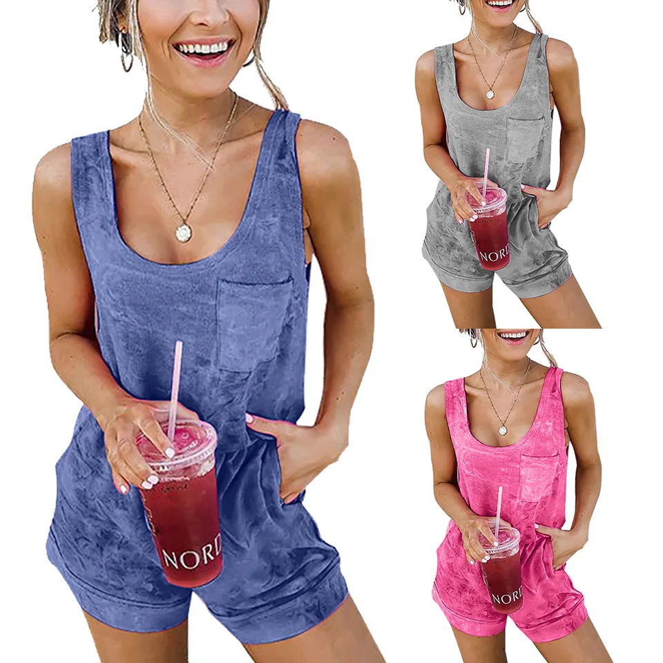 

Tie Dye Romper Harajuku Style Scoop Neck Casual Women Sleeveless Playsuit Pocket Streetwear Summer Plain Jumpsuit Marble Print