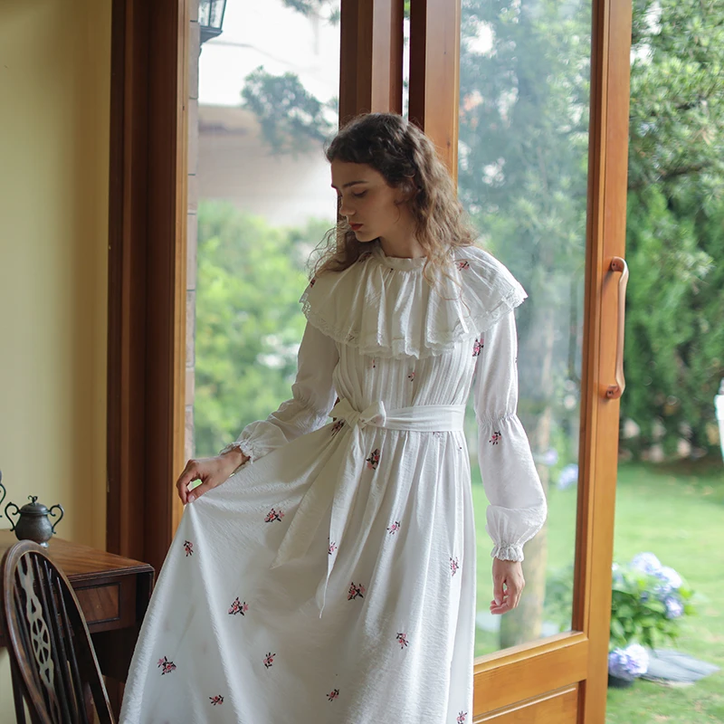 

Женское винтажное платье с цветочной вышивкой, белое хлопковое свободное платье миди с длинным рукавом и воротником-стойкой, весна-лето