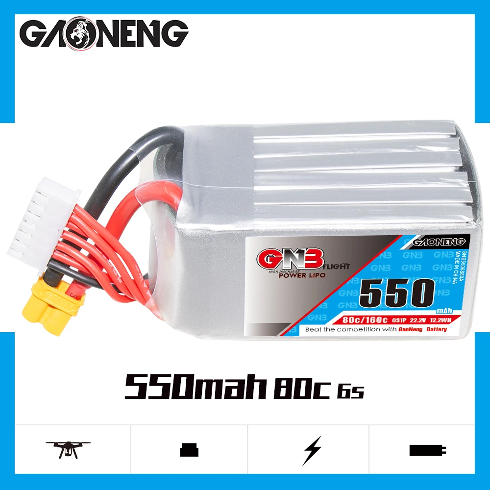 Gaoneng GNB 550mAh 22.2V 6S 80C/160C Lipo Battery With XT30 Or XT60 Plug For FPV Racing Drone RC Quadcopter Helicopter parts
Gaoneng GNB 550mAh 22.2V 6S 80C/160C Lipo Battery With XT30 Or XT60 Plug For FPV Racing Drone RC Quadcopter Helicopter parts