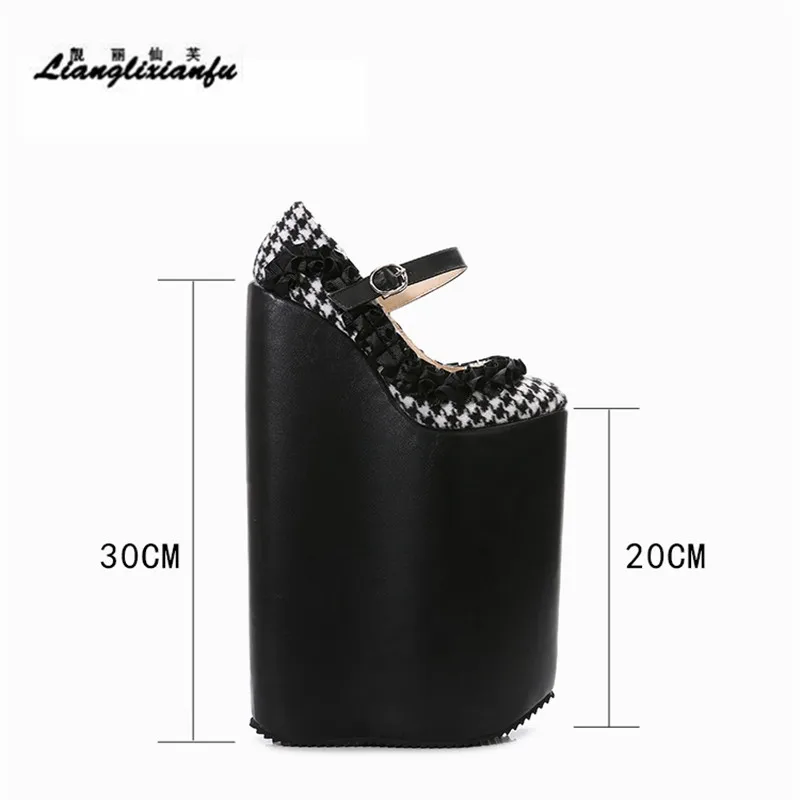 LLXF Catwalk Shows Nightclub Round Toe 30cm High-heeled Bride Shoes woman Stiletto female platforms Wedges Black LACE SM Pumps | Обувь