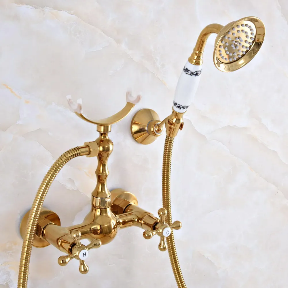 

Contemporary Luxury Gold Color Brass Wall Mounted Bathtub Faucet with Handheld Shower Set +150CM Hose Mixer Tap 2na935