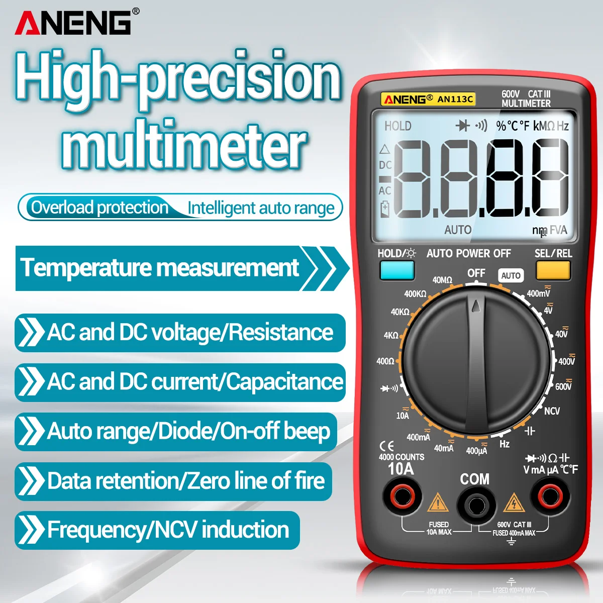 Aneng AN113C Digital Multimeter 4000 Counts AC/DC Voltage Current Tester Voltmeter Ammeter Ohm Capacitance Resistance Tester
Aneng AN113C Digital Multimeter 4000 Counts AC/DC Voltage Current Tester Voltmeter Ammeter Ohm Capacitance Resistance Tester
