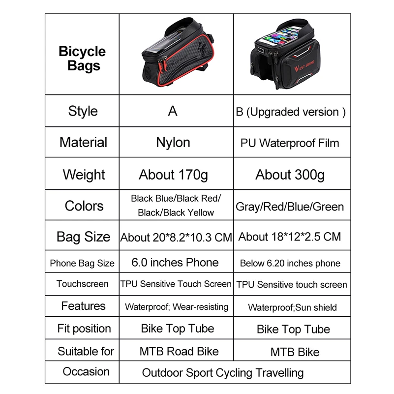 WEST BIKING Bicycle Bag Cycling Top Front Tube Frame Bag Waterproof 6.0 inches Phone Case Storage Touch Screen MTB Road Bike Bag
WEST BIKING Bicycle Bag Cycling Top Front Tube Frame Bag Waterproof 6.0 inches Phone Case Storage Touch Screen MTB Road Bike Bag
