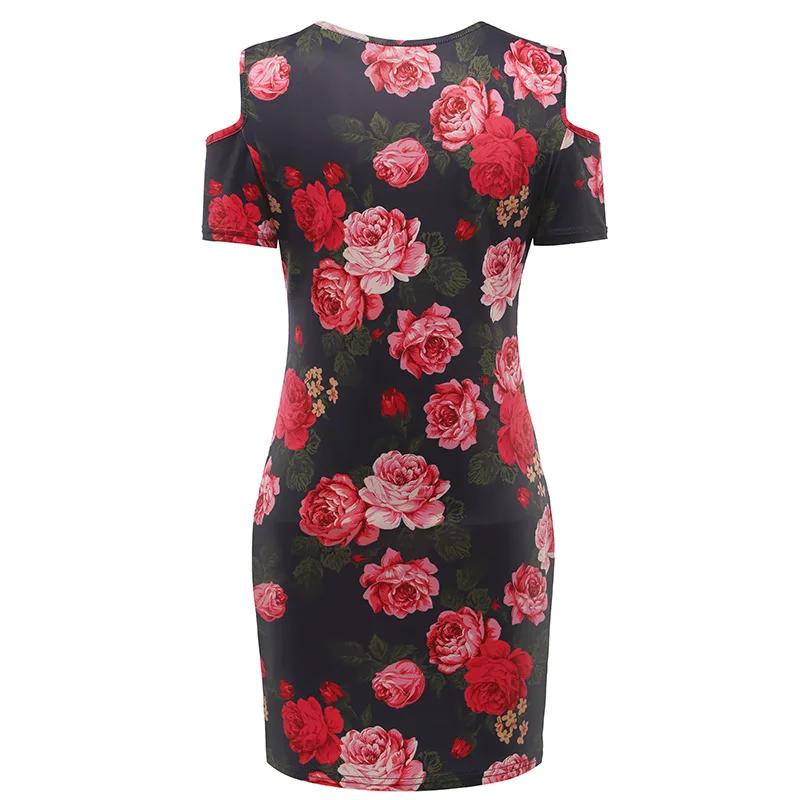 Print Skull Love Red Flower Floral Dress Women Sexy Sheath Short Sleeve Wrap Bodycon Casual Mini T Shirt Summer | Женская одежда