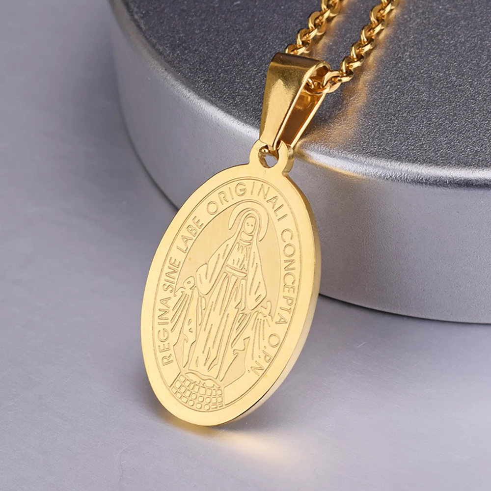 FINE4U N883 Stainless Steel Oval Virgin Mary Medal Pendant with 24 Inches O Chain Gold Color Blessed Christian Jewelry
FINE4U N883 Stainless Steel Oval Virgin Mary Medal Pendant with 24 Inches O Chain Gold Color Blessed Christian Jewelry