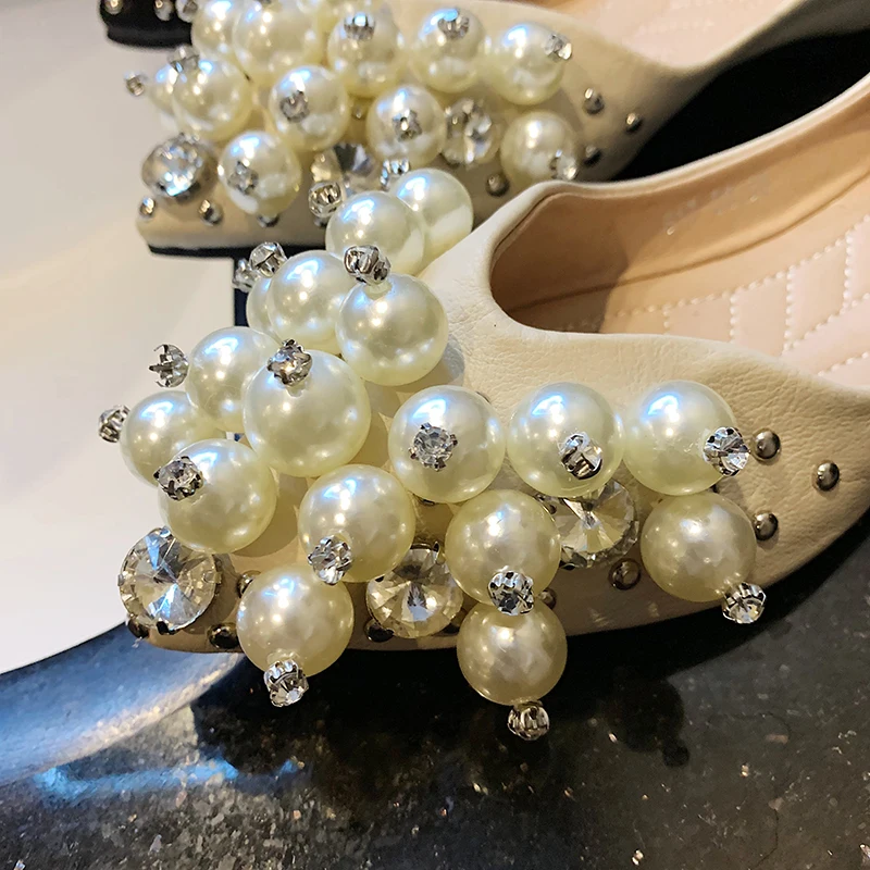 

Rimocy Crystal Pearls Single Shoes Woman Soft Bottom Slip on Casual Shoes Woman Pointed Toe String Bead Women's Ballet Flats