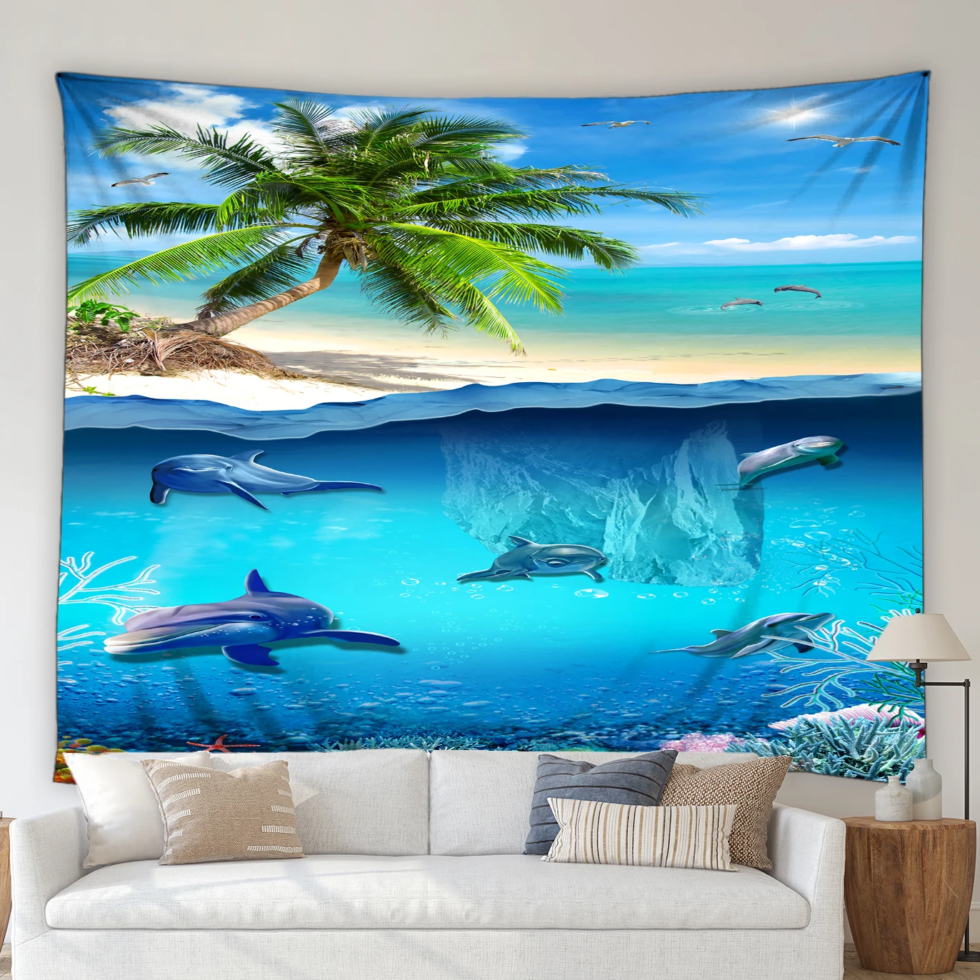 

Ocean Animals Big Tapestry Wall Hanging Dolphin Whale Shark Tropical Fish Green Plants Palm Tree Bedroom Living Room Decor Cloth