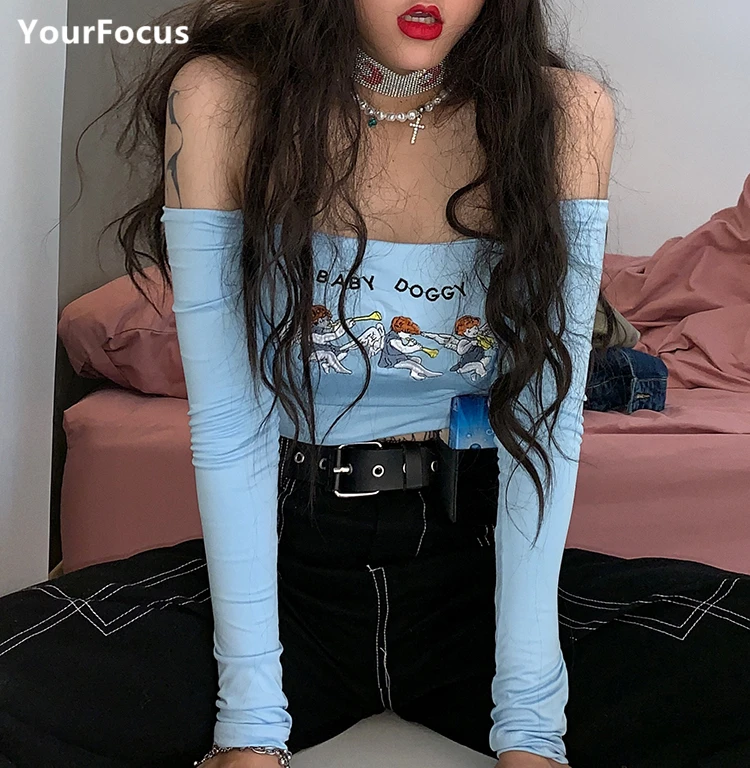 Kawaii kpop baby blue Cupid вышивка с ангелом женская футболка длинным рукавом укороченный