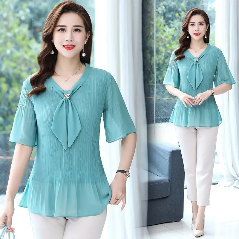 Women Summer Half Sleeve Tops Female Bow tie Neck Blouse Shirt Mother Loose Solid Chic Casual Blouses Plus Size XL-5XL
Women Summer Half Sleeve Tops Female Bow tie Neck Blouse Shirt Mother Loose Solid Chic Casual Blouses Plus Size XL-5XL