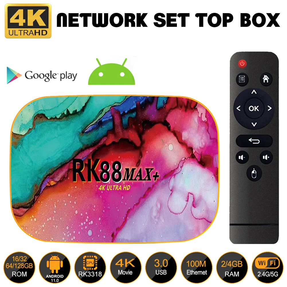 RK88 MAX+ Set Top Box Android 11.0 Quad-Core 4K 2.4G/5G Dual Band TV Box with USB Ports Supports HDMI, 3D, Blue-tooth
RK88 MAX+ Set Top Box Android 11.0 Quad-Core 4K 2.4G/5G Dual Band TV Box with USB Ports Supports HDMI, 3D, Blue-tooth