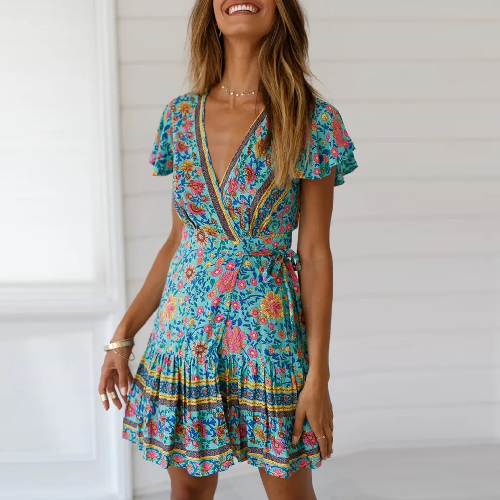 Women Short Sleeve Vintage Ruffle Floral Wrap Boho Dress Ladies V Neck Split Party Dress Summer A Line Beach Sundress
Women Short Sleeve Vintage Ruffle Floral Wrap Boho Dress Ladies V Neck Split Party Dress Summer A Line Beach Sundress