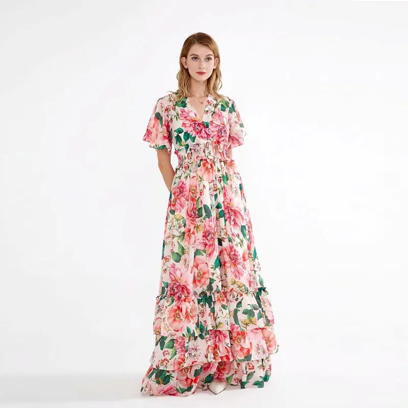 2020 Spring Summer Women Dress V-neck Flare Sleeve Floral-Print Elasticated waist Cascading Ruffle Vacation Maxi Dresses Femme
2020 Spring Summer Women Dress V-neck Flare Sleeve Floral-Print Elasticated waist Cascading Ruffle Vacation Maxi Dresses Femme