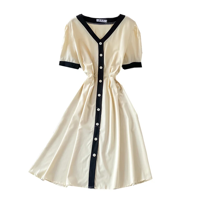 Women Summer V-neck Short Sleeve Patchwork Dress New 2021 Waist Slim Single Breasted Midi Pleated Long Dresses
Women Summer V-neck Short Sleeve Patchwork Dress New 2021 Waist Slim Single Breasted Midi Pleated Long Dresses