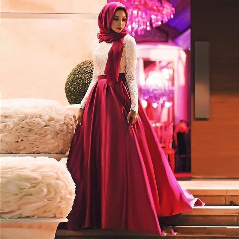 Elegant Muslim Long Sleeves High Neck Evening Dresses Red Satin Lace Top Long Formal Prom Gown With Scarf robes de soirée платье
Elegant Muslim Long Sleeves High Neck Evening Dresses Red Satin Lace Top Long Formal Prom Gown With Scarf robes de soirée платье