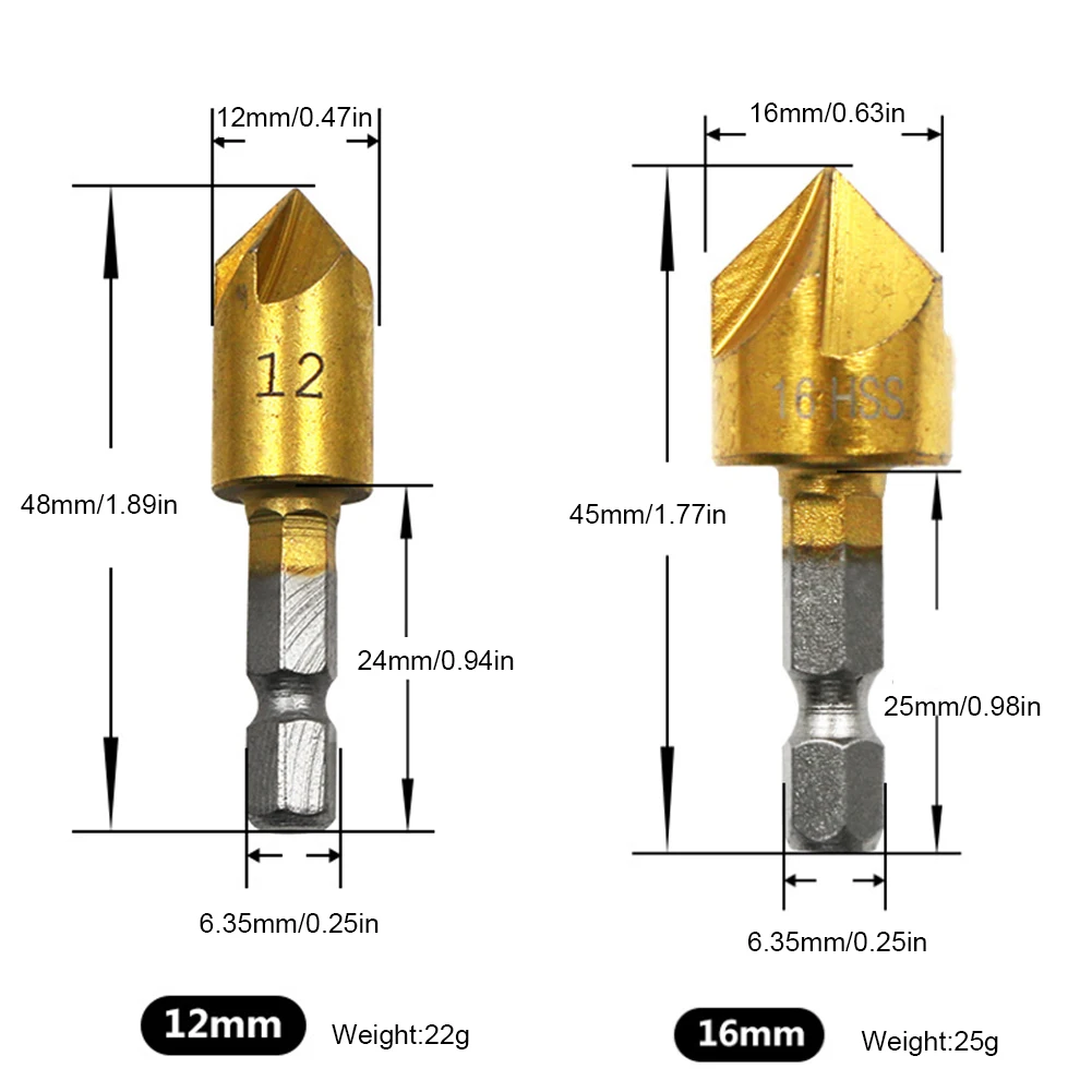 1/4" Hex Shank 3PCS 5 Flute Chamfer Countersink HSS Wood Chamfering Cutter Chamfer 12/16/19mm Countersink Woodworking Drill Bit
1/4" Hex Shank 3PCS 5 Flute Chamfer Countersink HSS Wood Chamfering Cutter Chamfer 12/16/19mm Countersink Woodworking Drill Bit